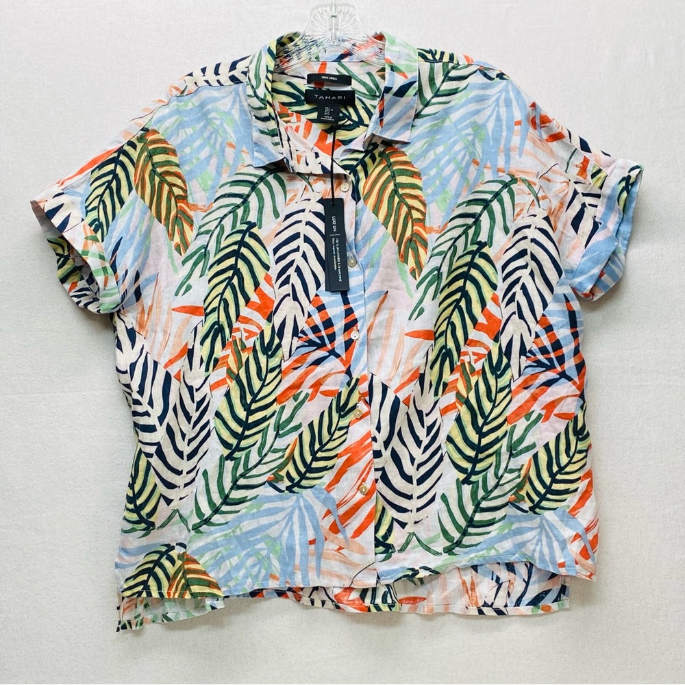 Tahari Women's Large Linen Short Sleeve Button Up Tropical Beachy Coastal Casual